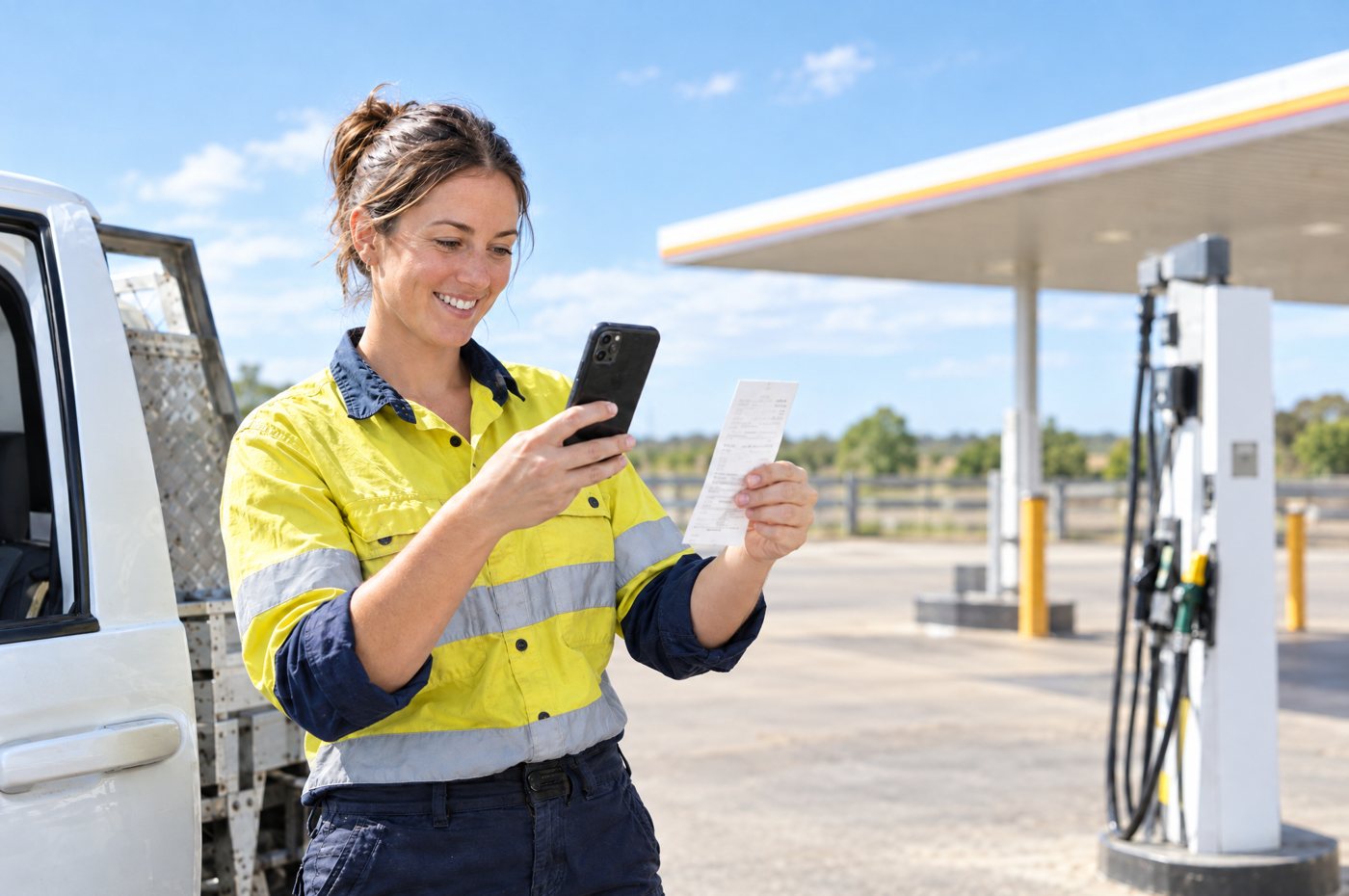 A tradeswoman at a petrol station photographing her fuel receipt with her phone